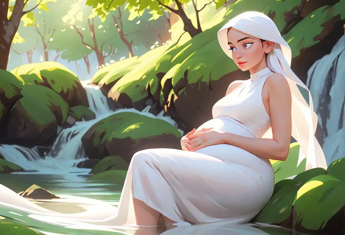 A glowing photo of a serene pregnant woman, dressed in a flowing white dress, surrounded by nature's beauty..