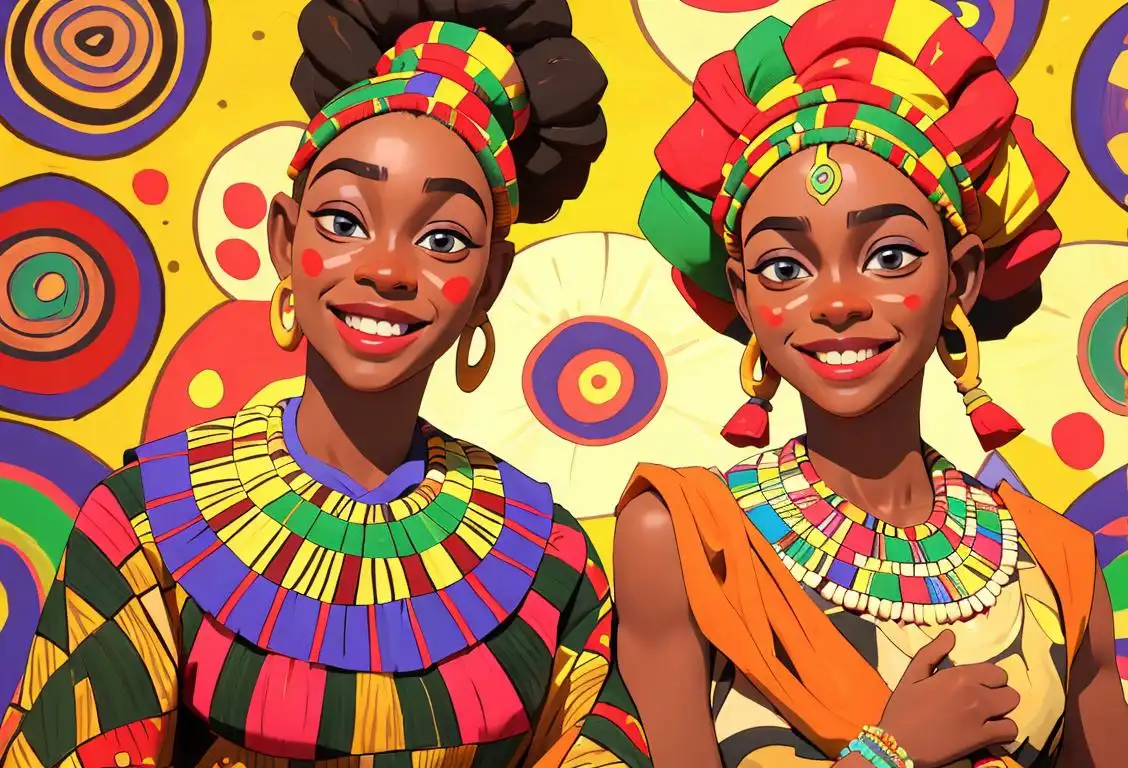 Smiling individuals wearing brightly colored dashikis, surrounded by African patterns and textiles, displaying their unique sense of style and culture..