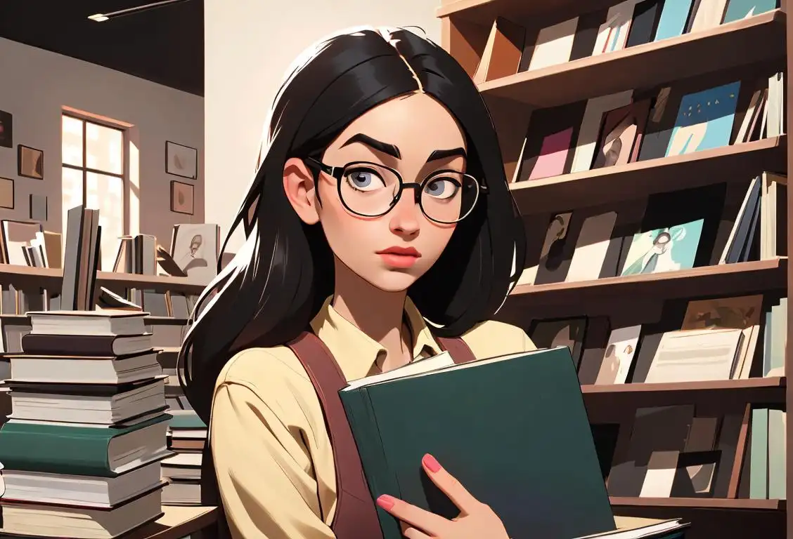 Young woman holding a stack of newly released books, wearing trendy glasses, urban bookstore setting..