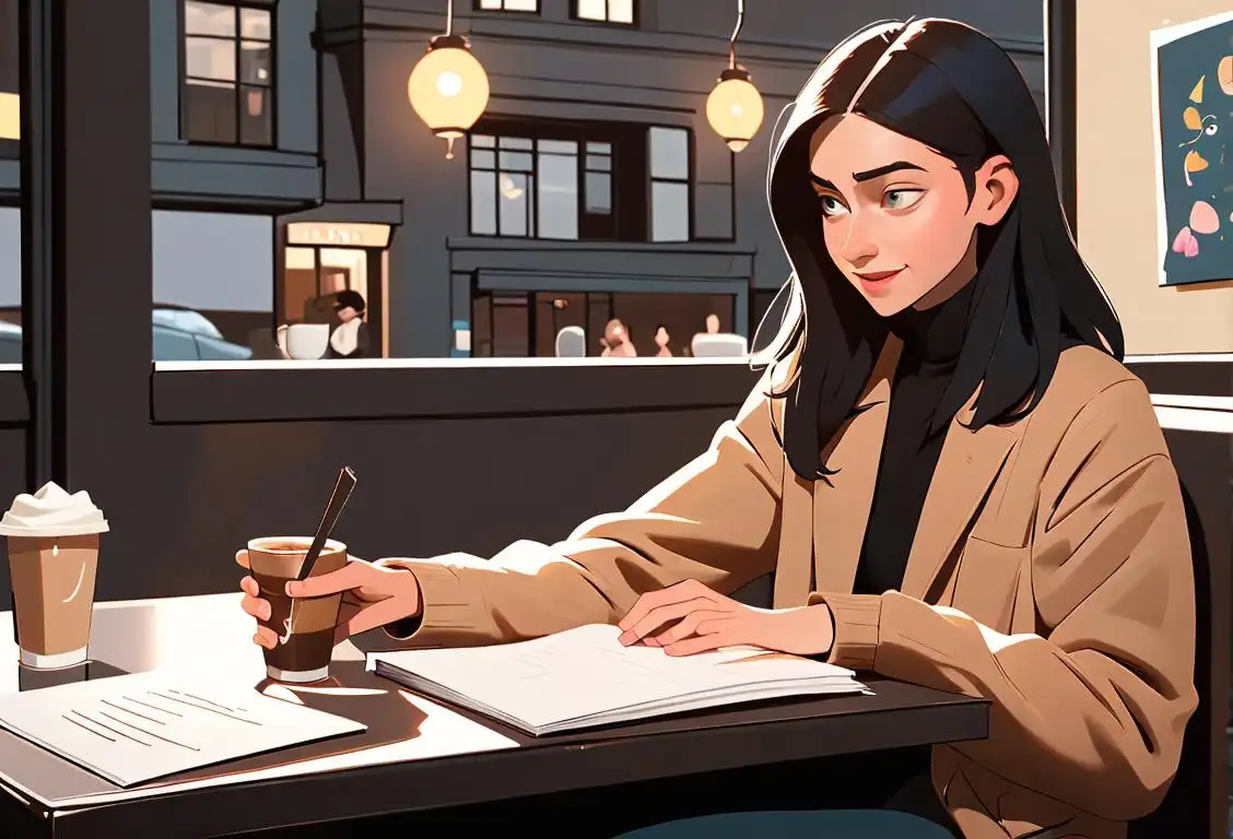 Young person enthusiastically sharing a book with friends in a cozy coffee shop, featuring sleek, modern fashion and a vibrant urban setting..
