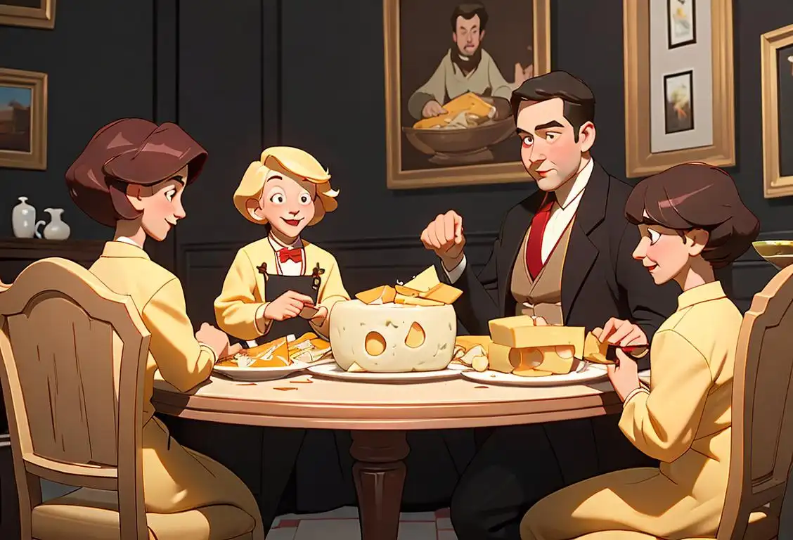 A family gathered around a table, looking excitedly at a tray filled with various types of cheese. They are dressed elegantly, ready to celebrate National Cheese Sacrifice Purchase Day..