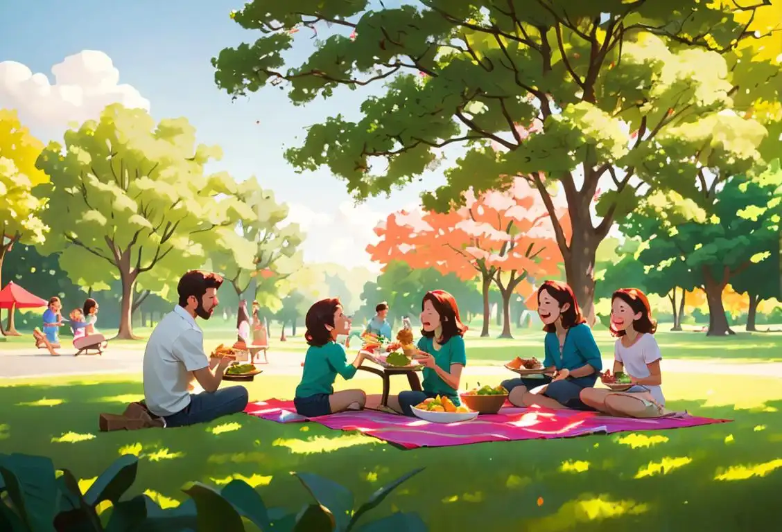 A family enjoying a picnic in a beautiful park, with a colorful spread of food, surrounded by nature..