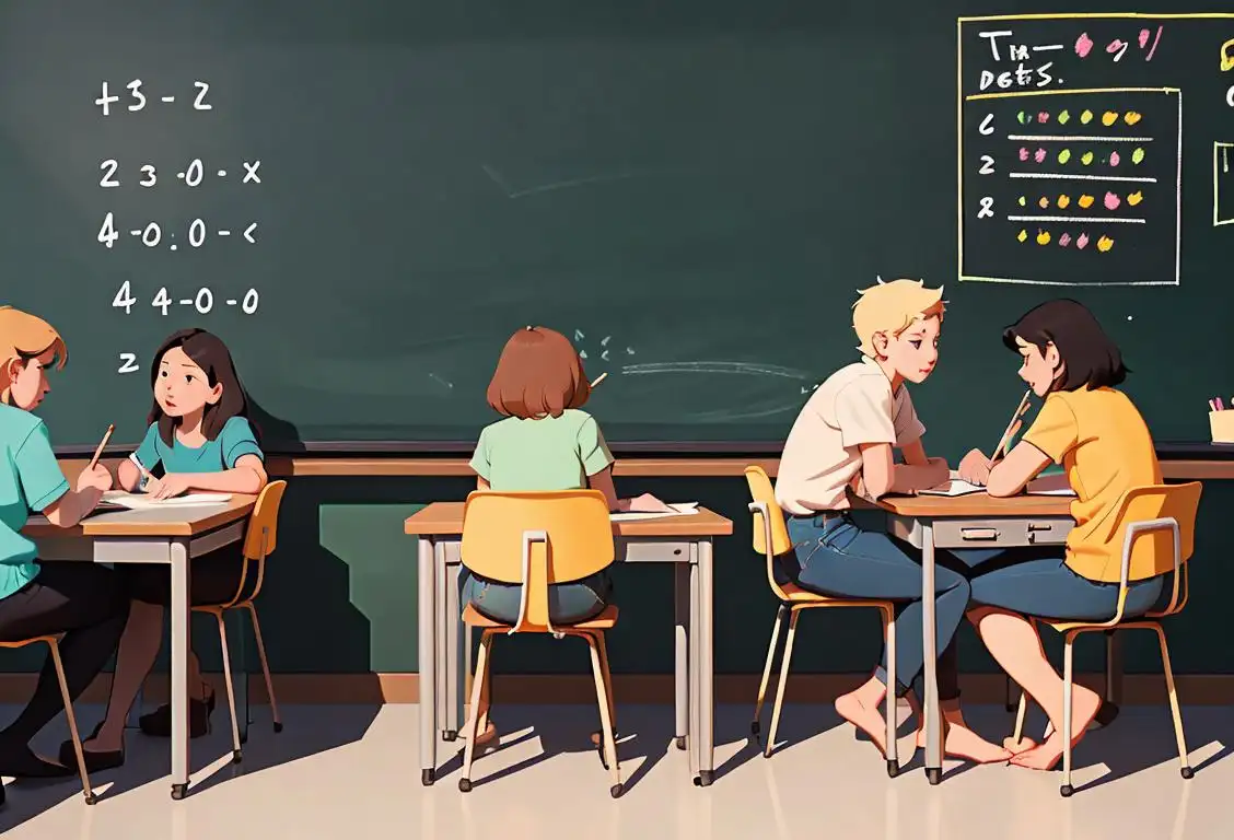 A group of diverse students sitting at a desk, holding pencils and confidently taking a test, with a chalkboard in the background..