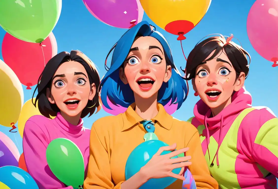 Excited individuals of diverse ages, dressed in colorful clothing, holding exclamation point balloons against a joyful and vibrant background..