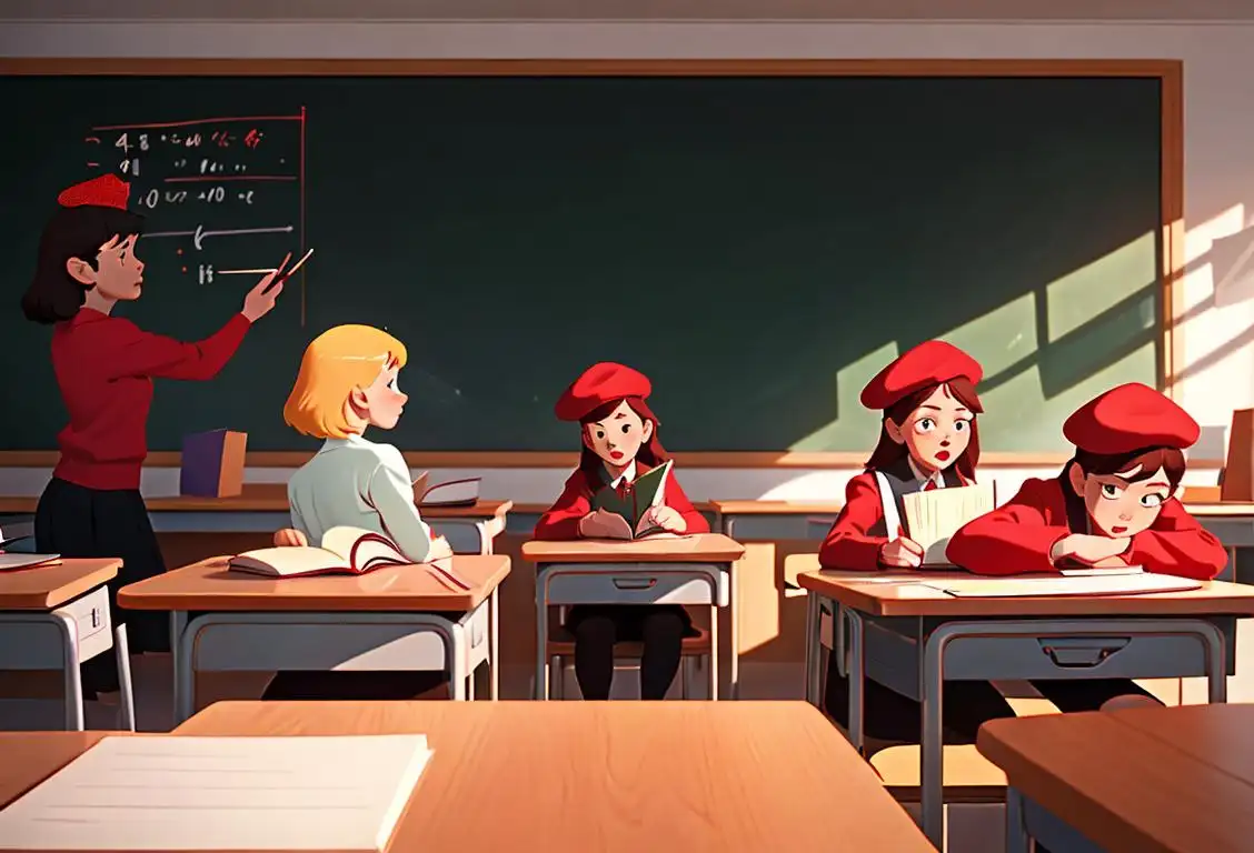 A group of diverse students wearing bright red teacher's hats, holding books, surrounded by a school setting with chalkboards and desks..