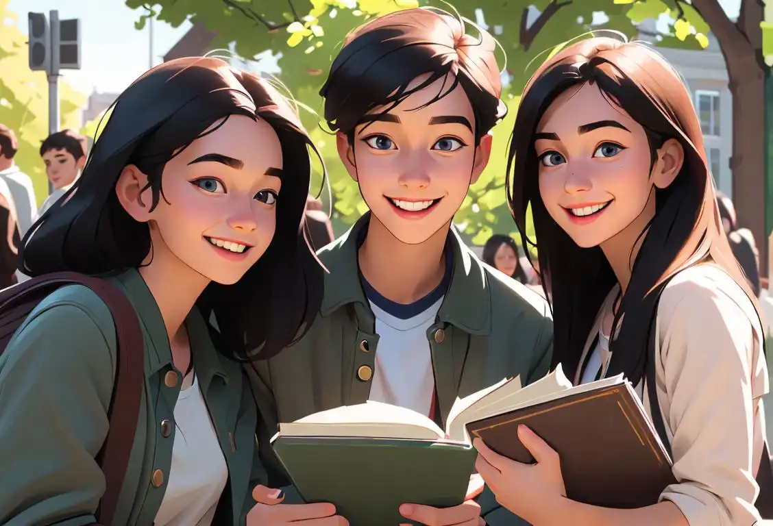 Smiling young students in trendy clothes, holding books, on a bustling university campus, showcasing diversity and friendship..