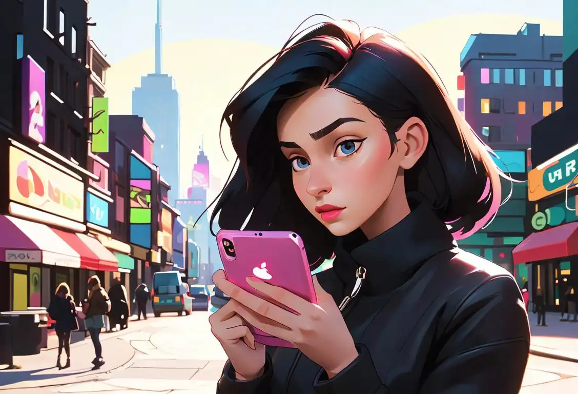Young woman holding a smartphone, surrounded by colorful app icons, wearing a trendy outfit, urban city backdrop..