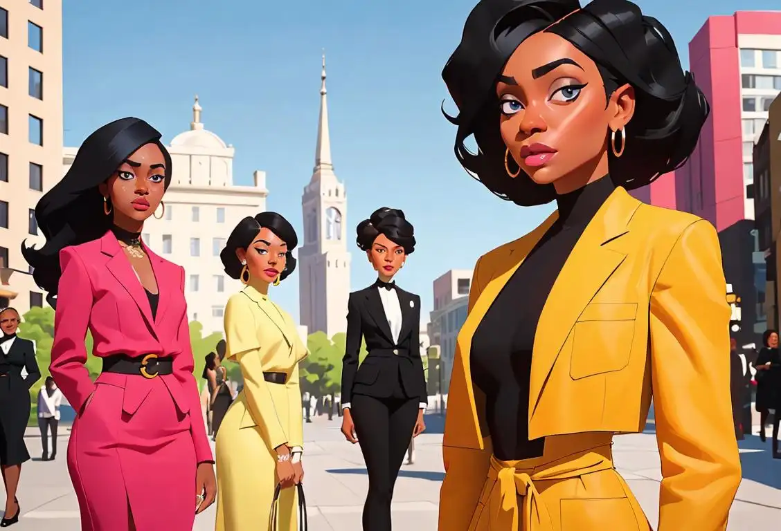 A diverse group of black women standing together, dressed in stylish outfits representing different cultural influences, in a vibrant city setting..