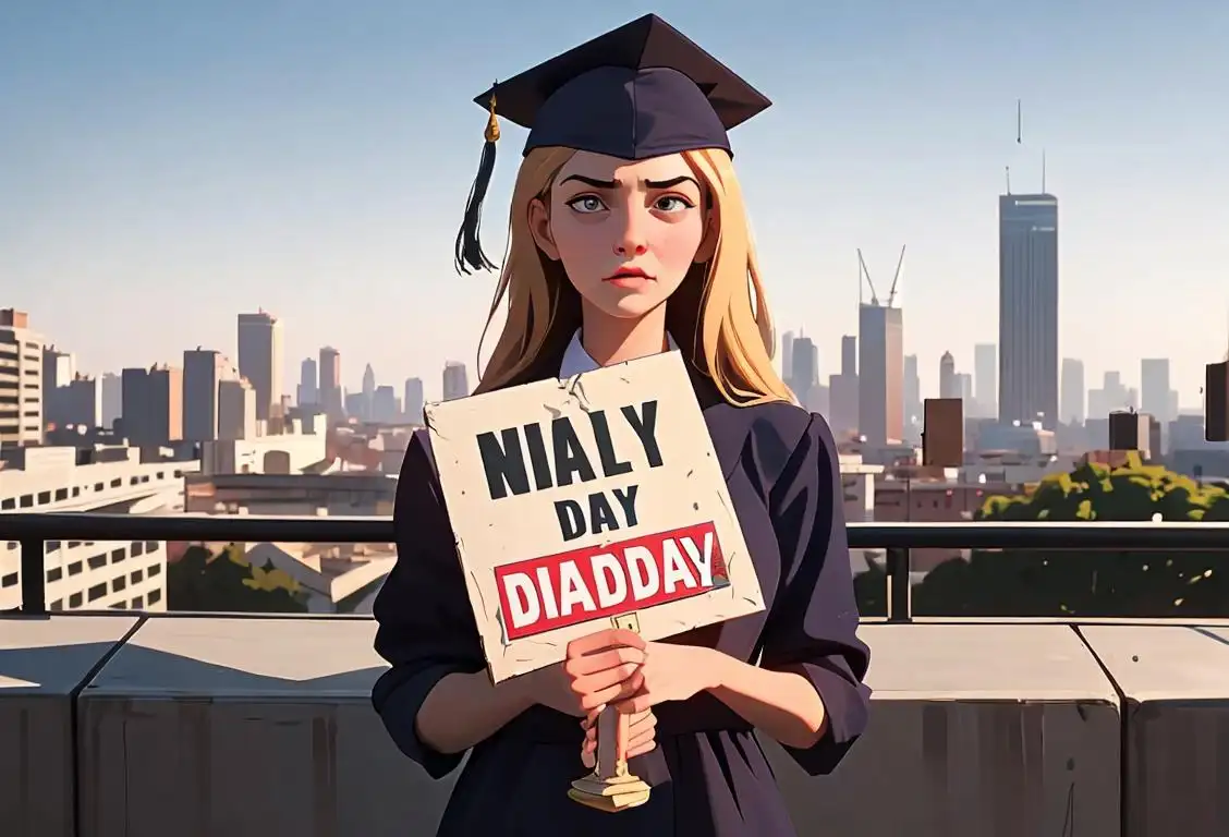 Young woman wearing a graduation cap, holding a sign saying 'National Disgrace Day', city skyline in the background..