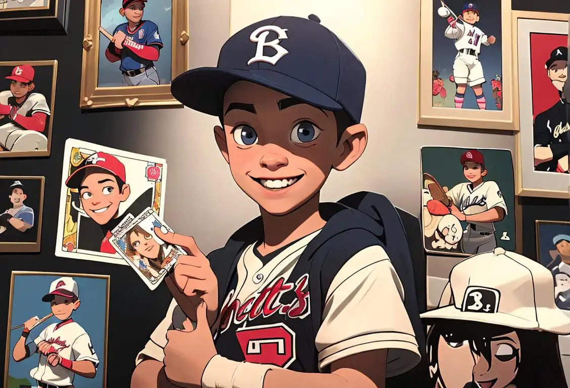 A child with a wide smile, surrounded by a collection of trading cards. Decked out in a baseball cap and fashionable clothing, they display their cards in a well-lit room filled with collectibles..