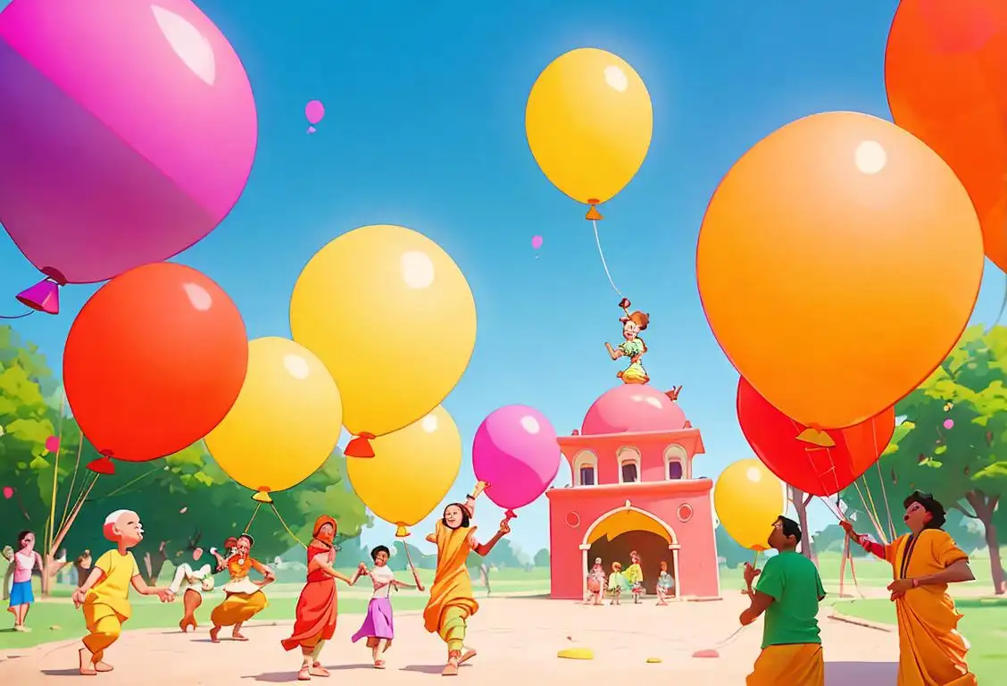 A group of people sharing funny and witty jumlas, wearing colorful clothes, in a park surrounded by bright balloons..
