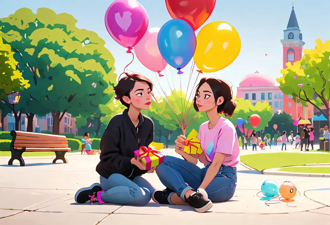 Two friends sitting together at a park, one friend giving the other a small gift, surrounded by colorful balloons and wearing trendy, casual outfits..