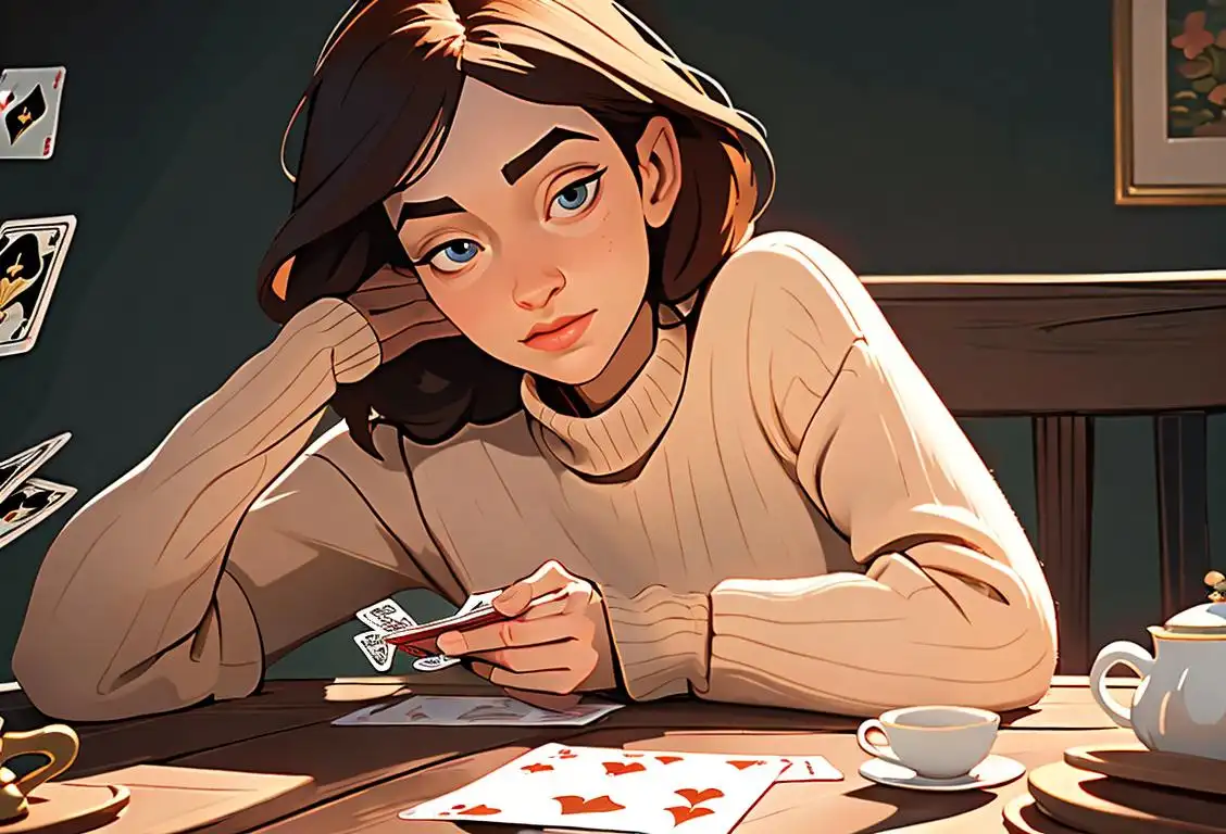 A person sitting at a wooden table, surrounded by playing cards, wearing a cozy sweater, with a cup of tea nearby..
