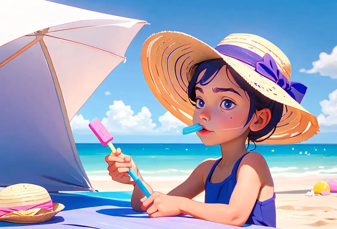 A child holding a blueberry popsicle, wearing a straw hat, summer outfit, enjoying a sunny day at the beach..