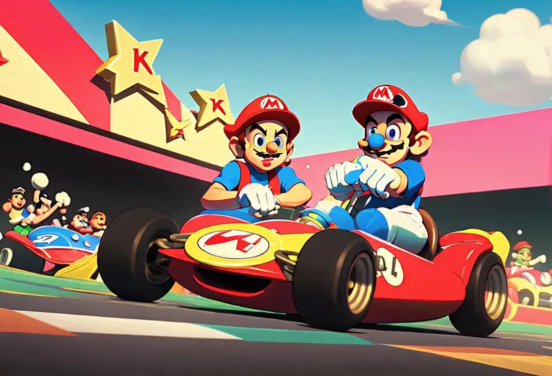 Young adults dressed as Mario Kart characters racing in a vibrant, retro-themed arcade with cheering spectators..
