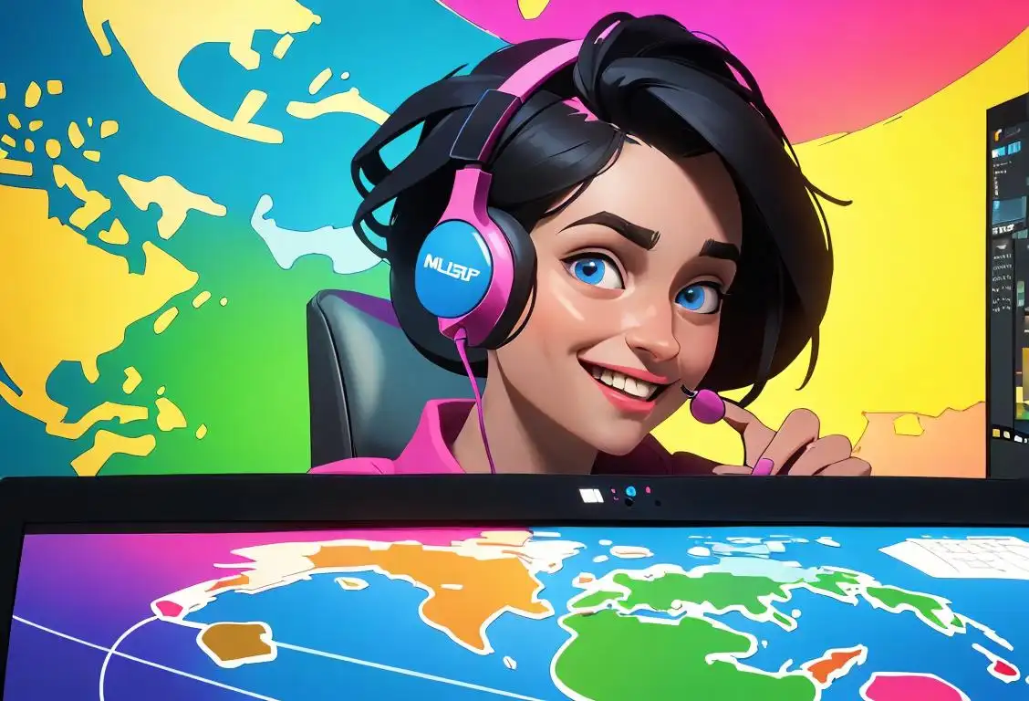 Cheerful person holding a laptop, wearing a headset, surrounded by colorful computer screens and a world map backdrop..