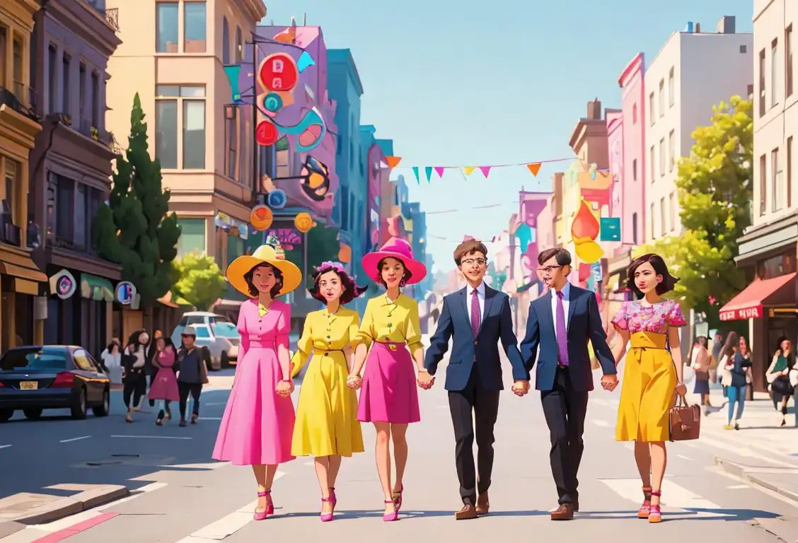 A diverse group of individuals holding hands, wearing colorful outfits, and standing in a bustling city street..