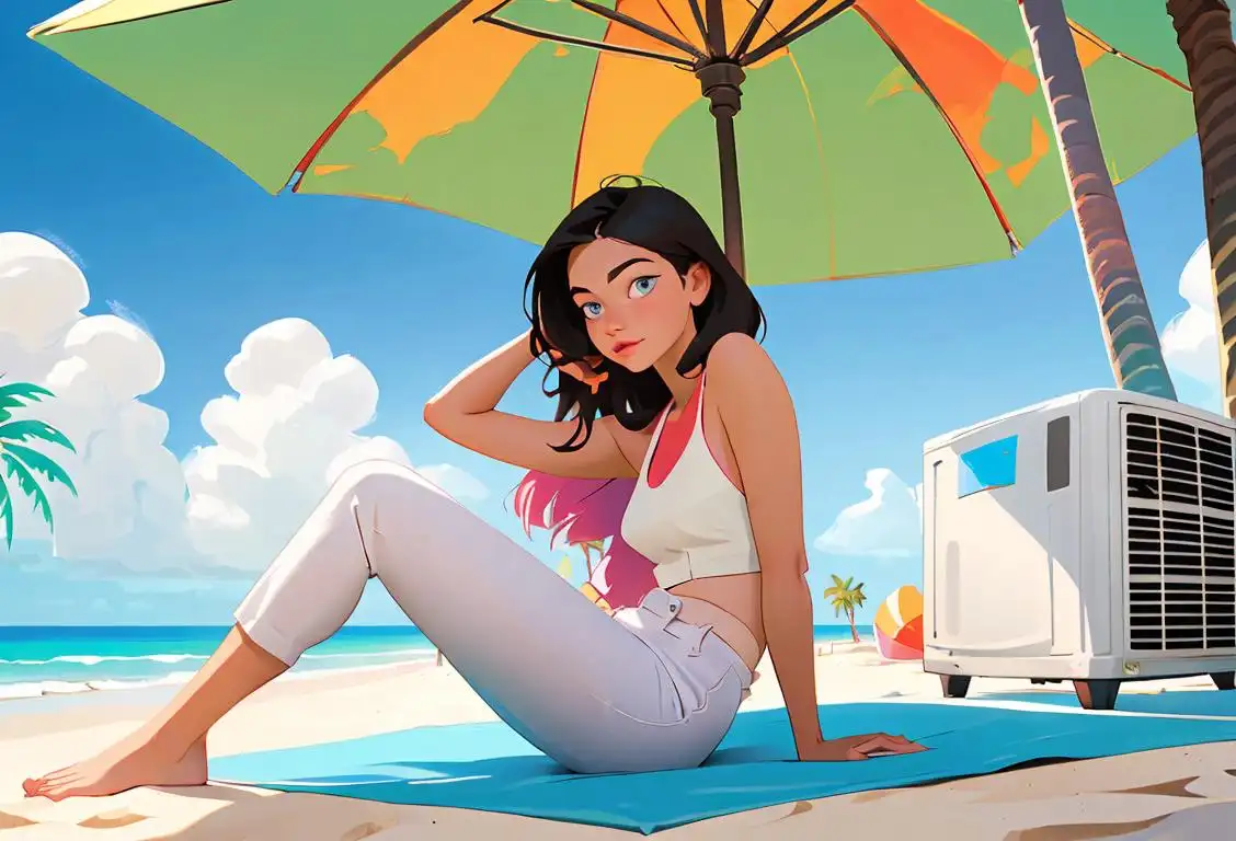 Young woman sitting in front of an air conditioner, wearing summer clothes, beach scene with palm trees in the background..