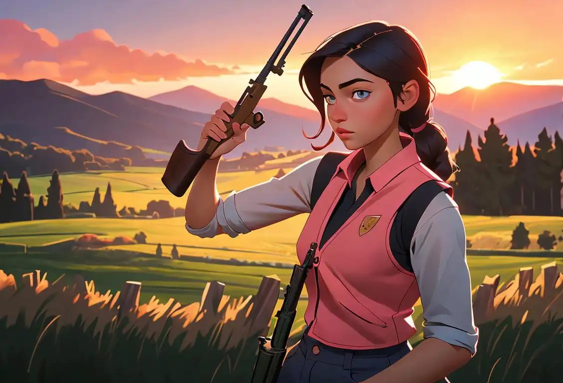 Young woman holding a shotgun, wearing a stylish shooting vest, countryside shooting range with scenic mountains and a beautiful sunset in the background..