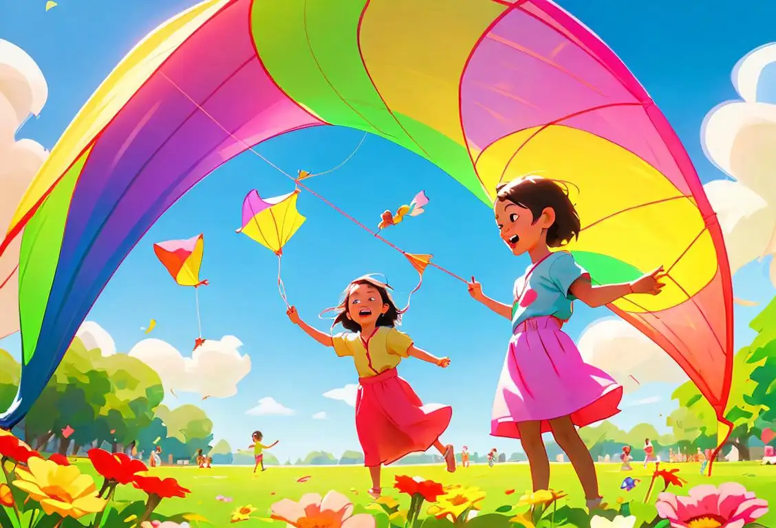Joyful children flying kites in a sunny park, wearing colorful summer outfits, surrounded by blooming flowers and tall trees..