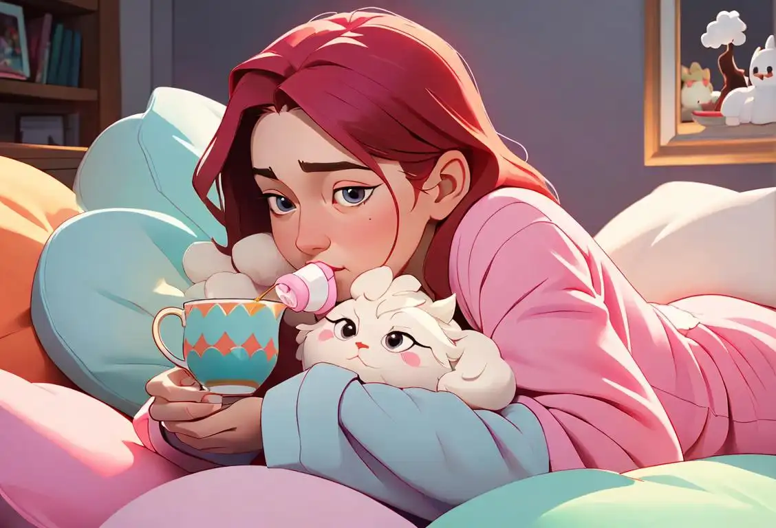  A cozy scene with a person in colorful pajamas, sipping tea, surrounded by fluffy blankets and pillows..