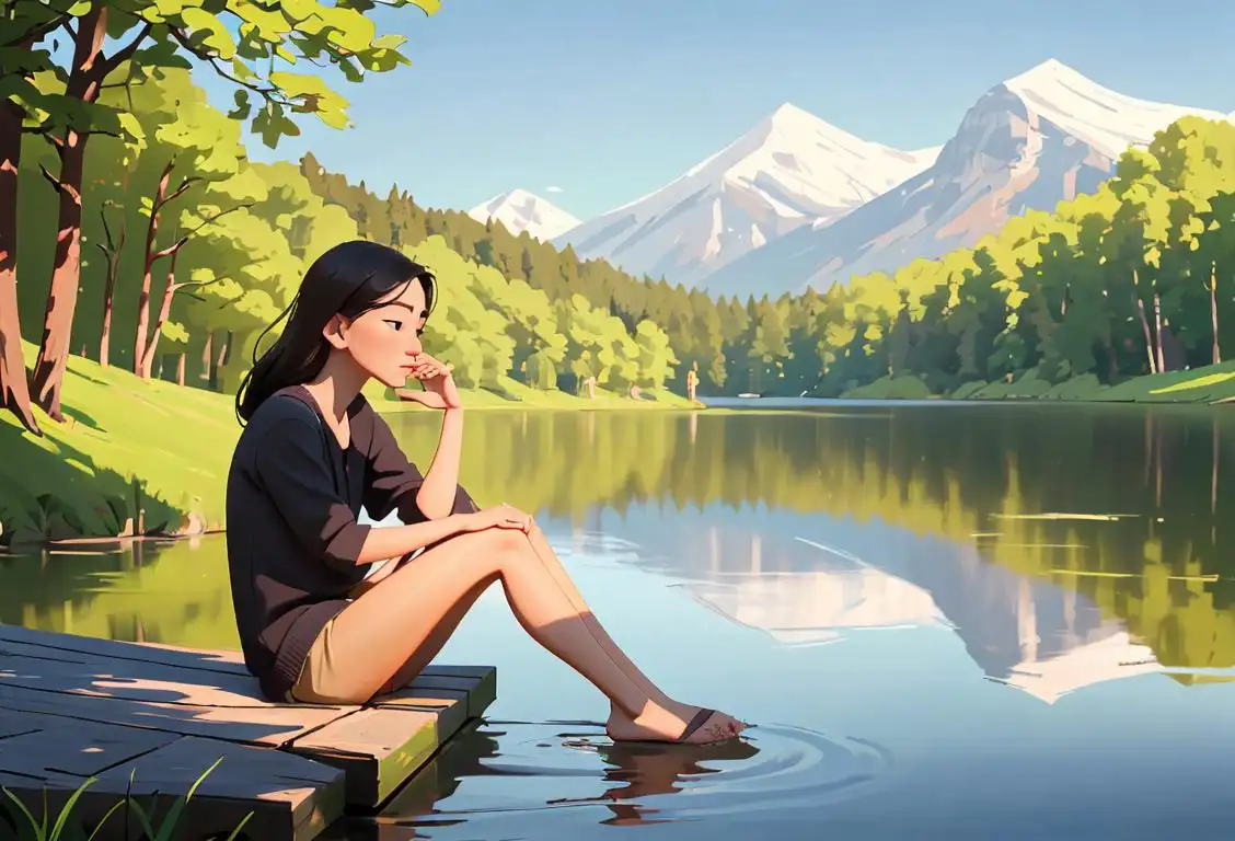 A person sitting by a serene lake, pondering life's choices, wearing casual clothes, surrounded by a scenic nature setting..