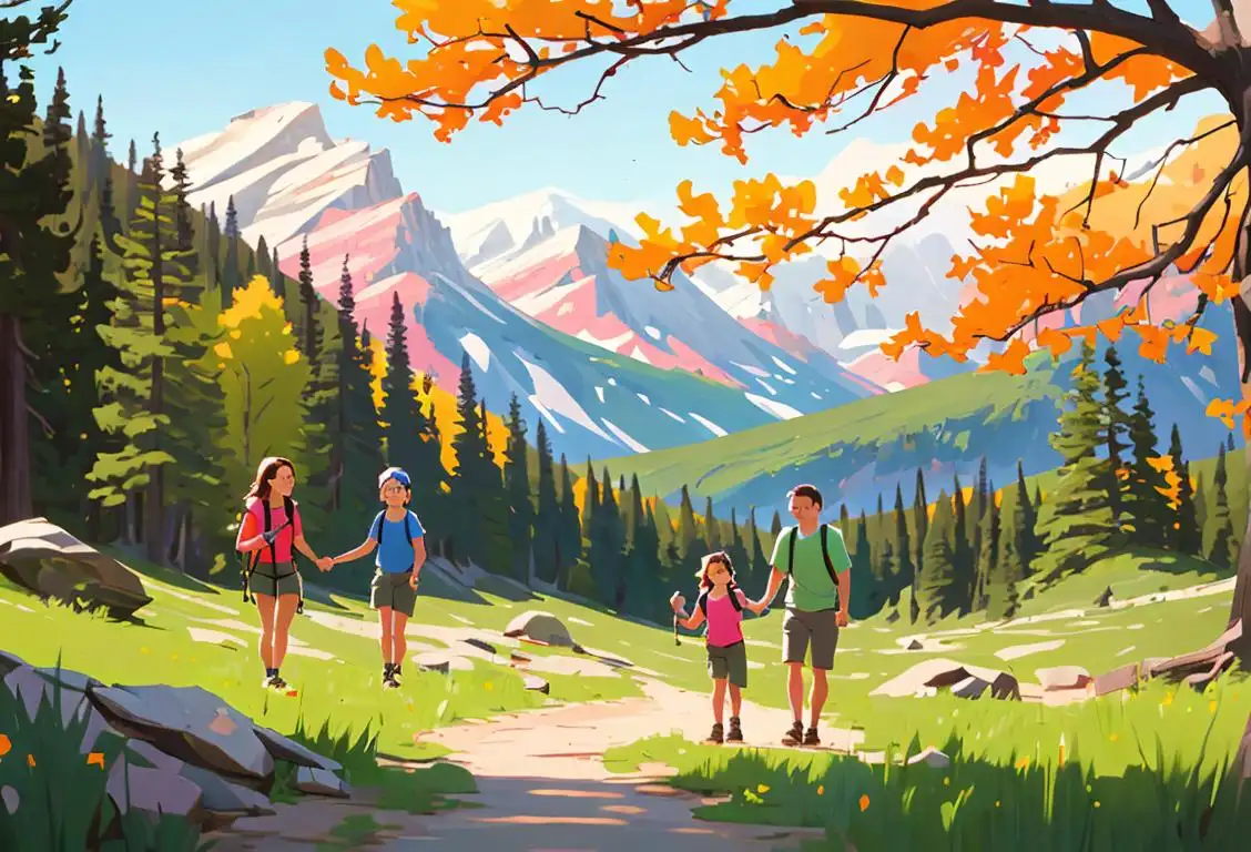 Happy family hiking in a national park, wearing colorful outdoor attire, surrounded by breathtaking scenery.
