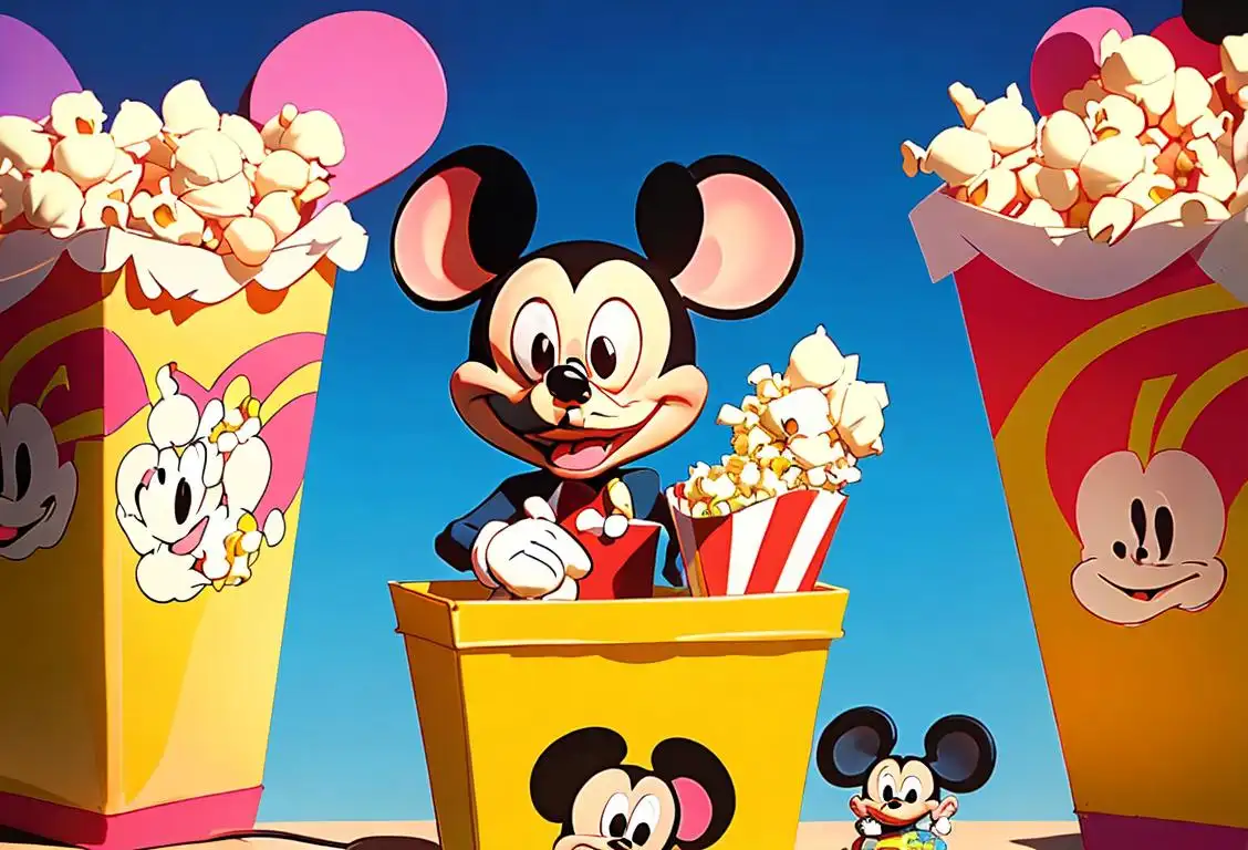 Cheerful image of a person wearing mouse ears and holding a popcorn bucket, surrounded by colorful Disney decorations and Mickey Mouse merchandise..