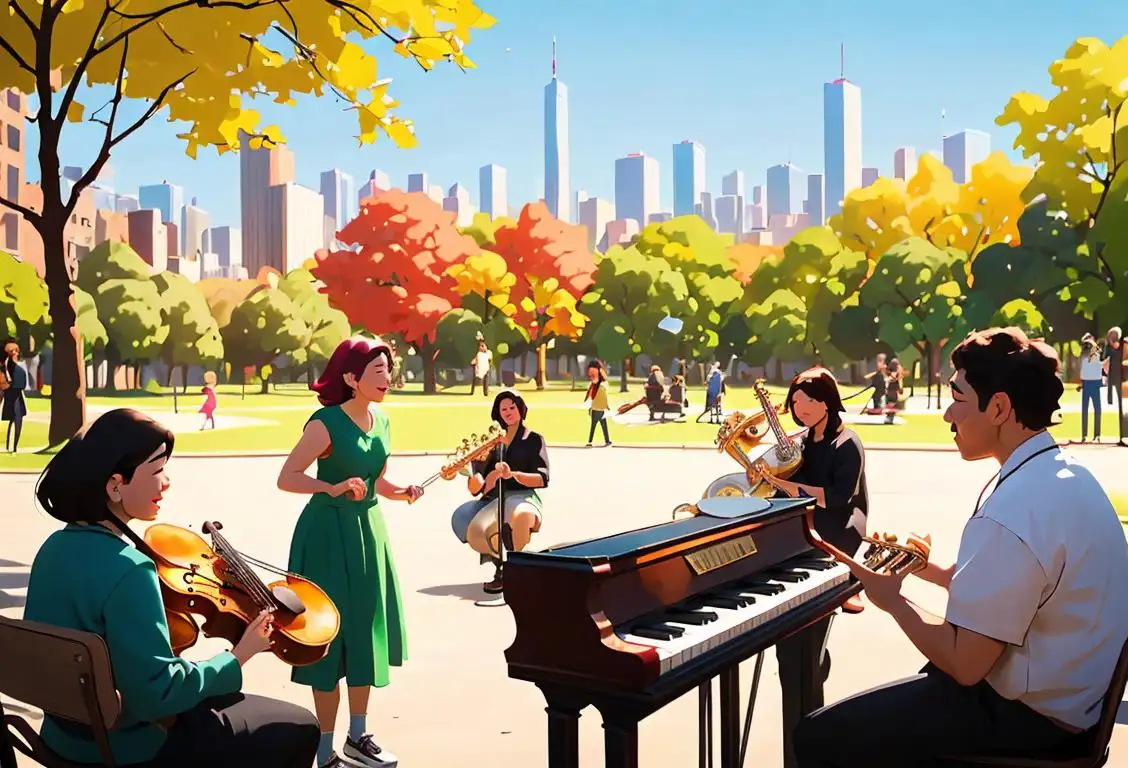 A diverse group of people joyfully playing various musical instruments, wearing vibrant attire, on a sunny park with a city skyline in the background..