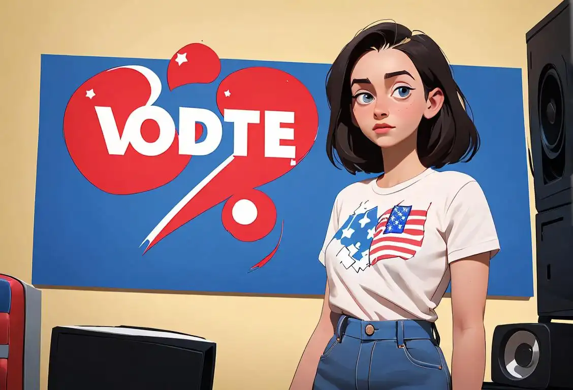 Young woman standing in front of a computer, wearing a t-shirt with the word 'VOTE' on it, surrounded by patriotic decorations, polling station setting.