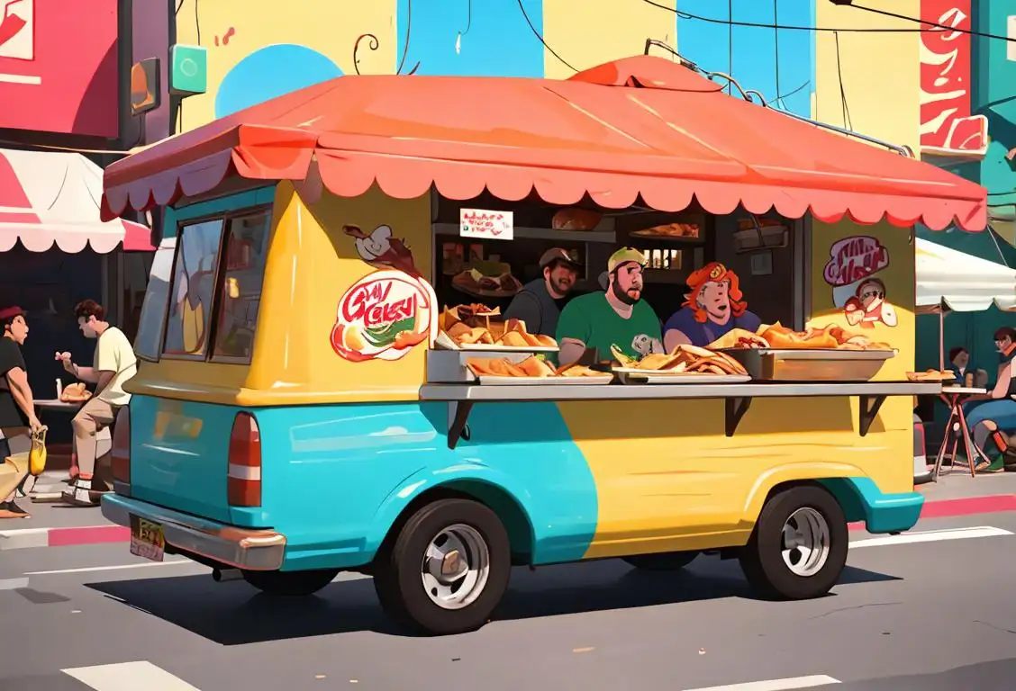 A group of friends enjoying a feast of greasy foods outdoors, wearing casual clothes, surrounded by colorful food trucks and lively street market scene..