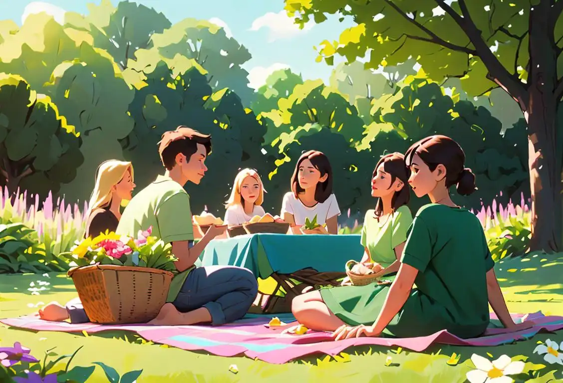 Group of people admiring a lush green garden, wearing casual summer clothes, picnic scene with blankets and baskets..