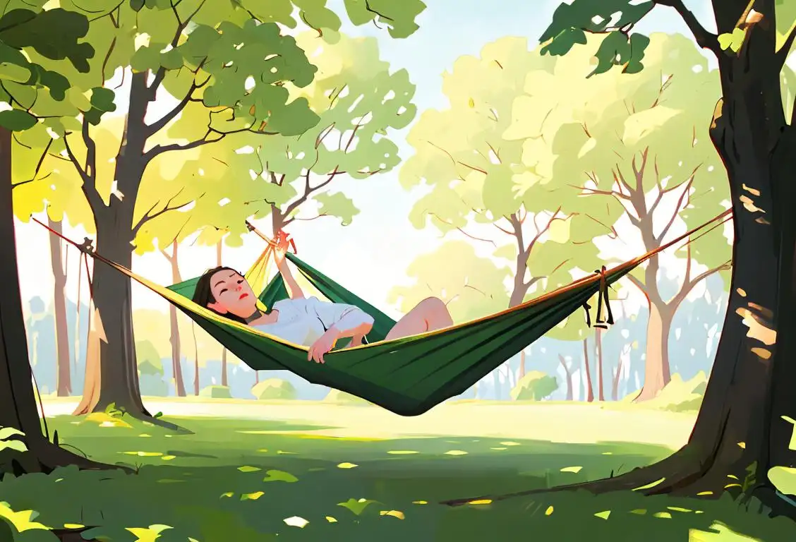 A serene scene depicting a person lying on a hammock, surrounded by nature, and taking things slow on National Slowdown Day..