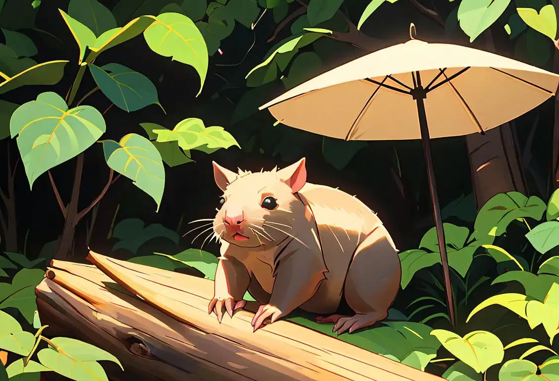 Adorable wombat sitting on a log, surrounded by lush greenery, wearing a sun hat and exploring a wildlife sanctuary..