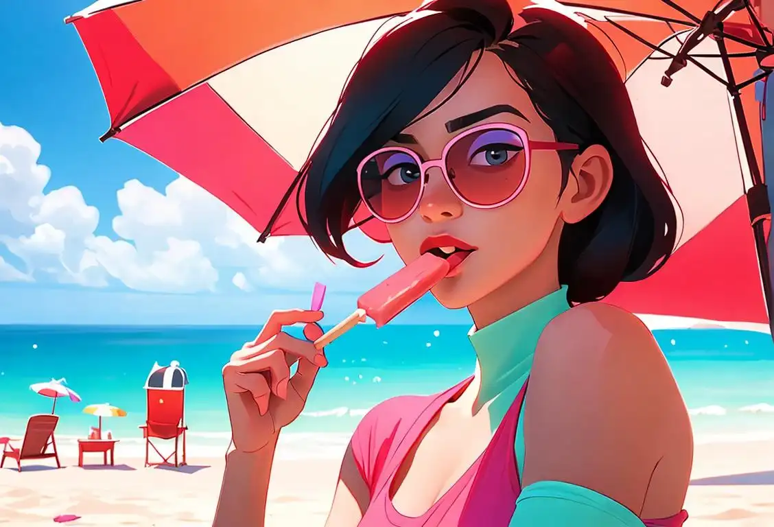 Vibrant image of a person enjoying a cherry popsicle with a sunny day at the beach, wearing sunglasses and a colorful summer outfit..