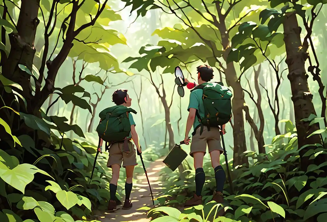 Excited adventurers in hiking gear, exploring a lush forest trail, carrying magnifying glasses and backpacks, with curious expressions on their faces..