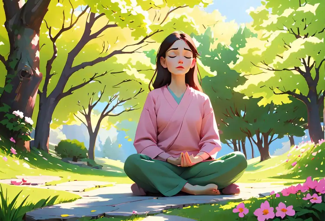 Happy woman meditating in a scenic natural setting, wearing comfortable clothing, surrounded by calming elements like flowers and trees..