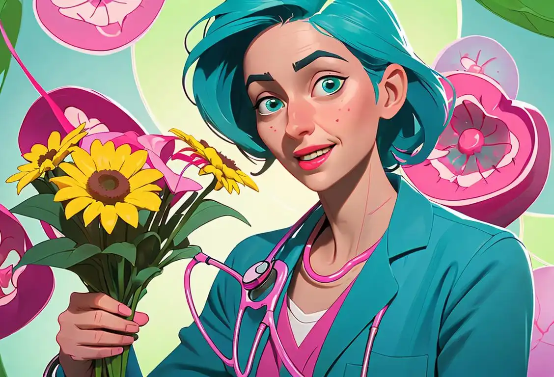 Joyful person in a lab coat surrounded by vibrant colors and cell structures, holding a bouquet of teal ribbons and wearing a cute stethoscope necklace..