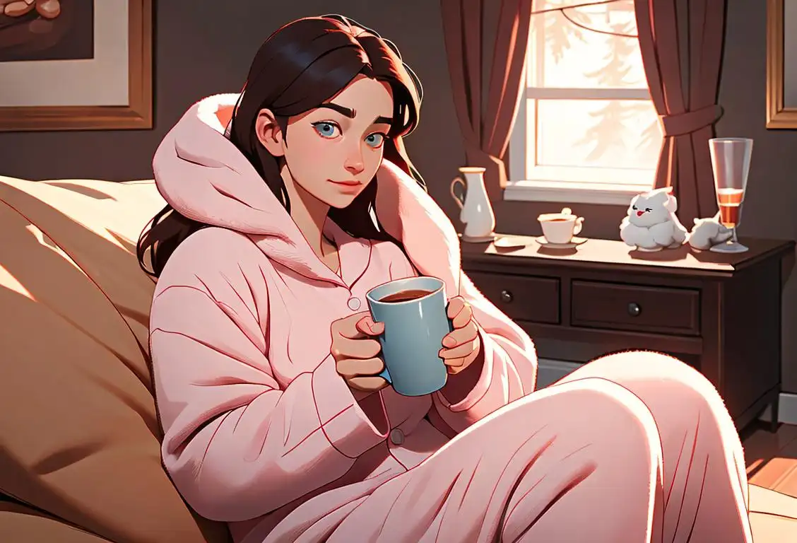 A cozy living room scene with a person in pajamas holding a cup of hot cocoa, surrounded by fluffy pillows and blankets..
