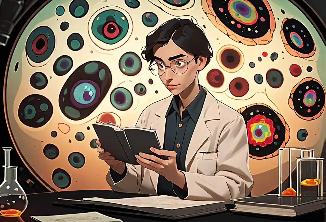 Young scientist in a lab coat, holding a petri dish with a magnified image of viruses, surrounded by scientific equipment and books..