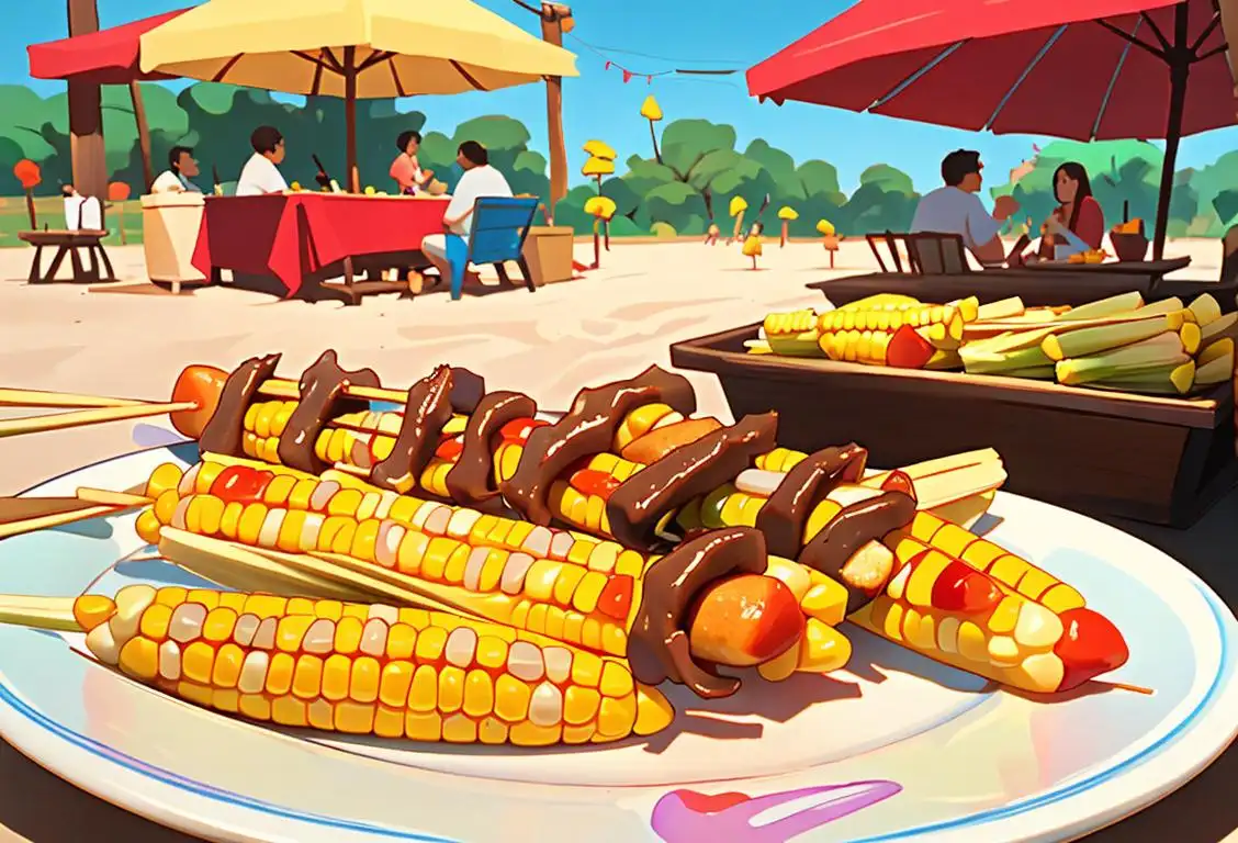 A group of people enjoying National Food on a Stick Day, with skewers filled with mouthwatering kabobs, corn dogs, and other delicious stick-based treats. Fun atmosphere, vibrant colors, summer vibes..