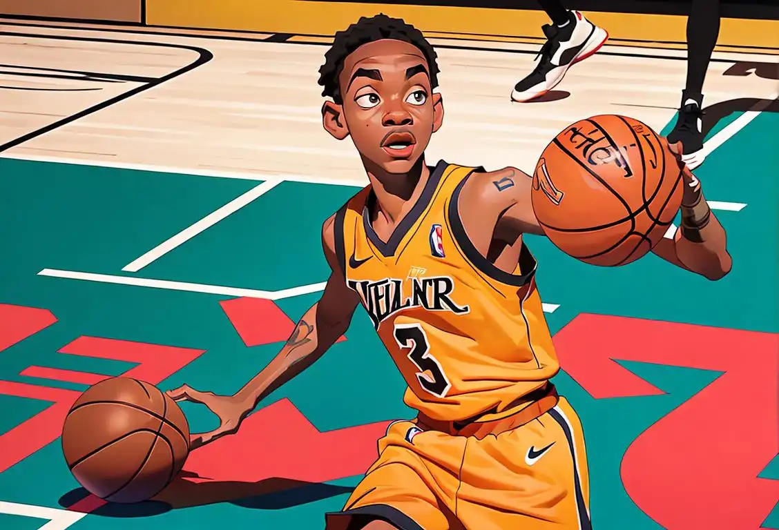 A cool, basketball-themed image of a young person wearing a basketball jersey, with a ball in hand, surrounded by a lively basketball court scene..