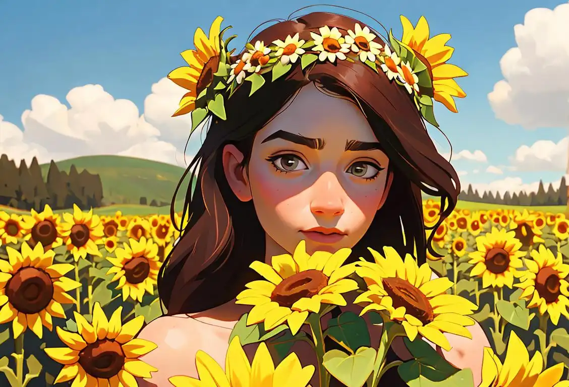 Young adult with a whimsical flower crown, outdoors in a meadow, embracing their inner bohemian spirit with daisies, roses, and sunflowers..