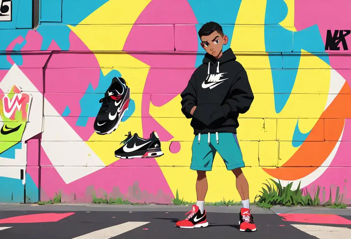 Young man wearing Nike Air Max shoes, stylishly posing in an urban street with colorful graffiti..