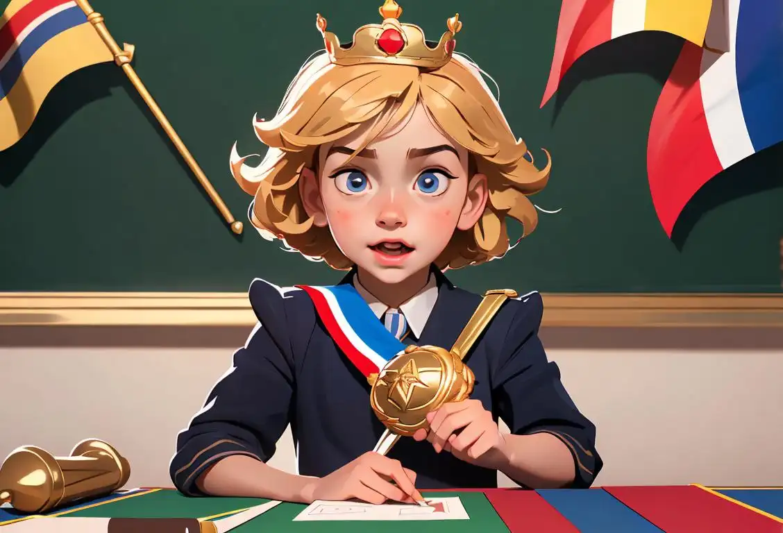 Young child wearing a crown, holding multiple national title belts, surrounded by flags of different countries, happy school classroom setting..
