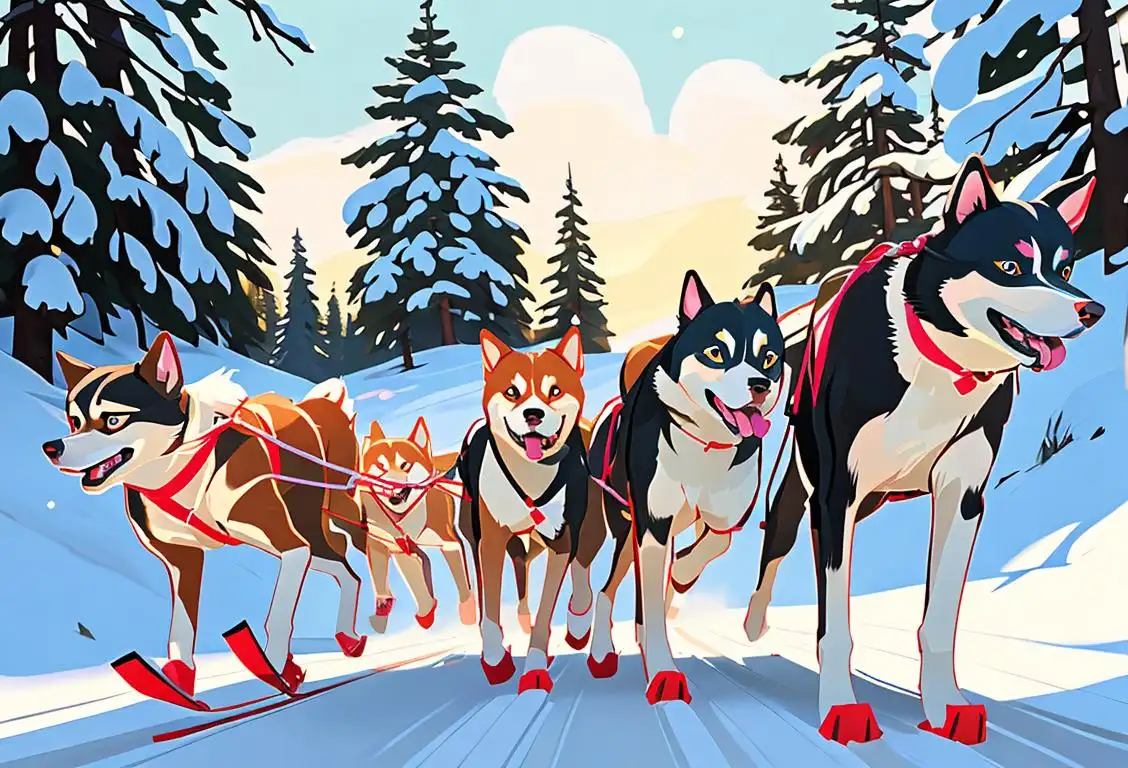 A group of energetic sled dogs wearing colorful harnesses, running together in a snowy forest, with a musher guiding them..
