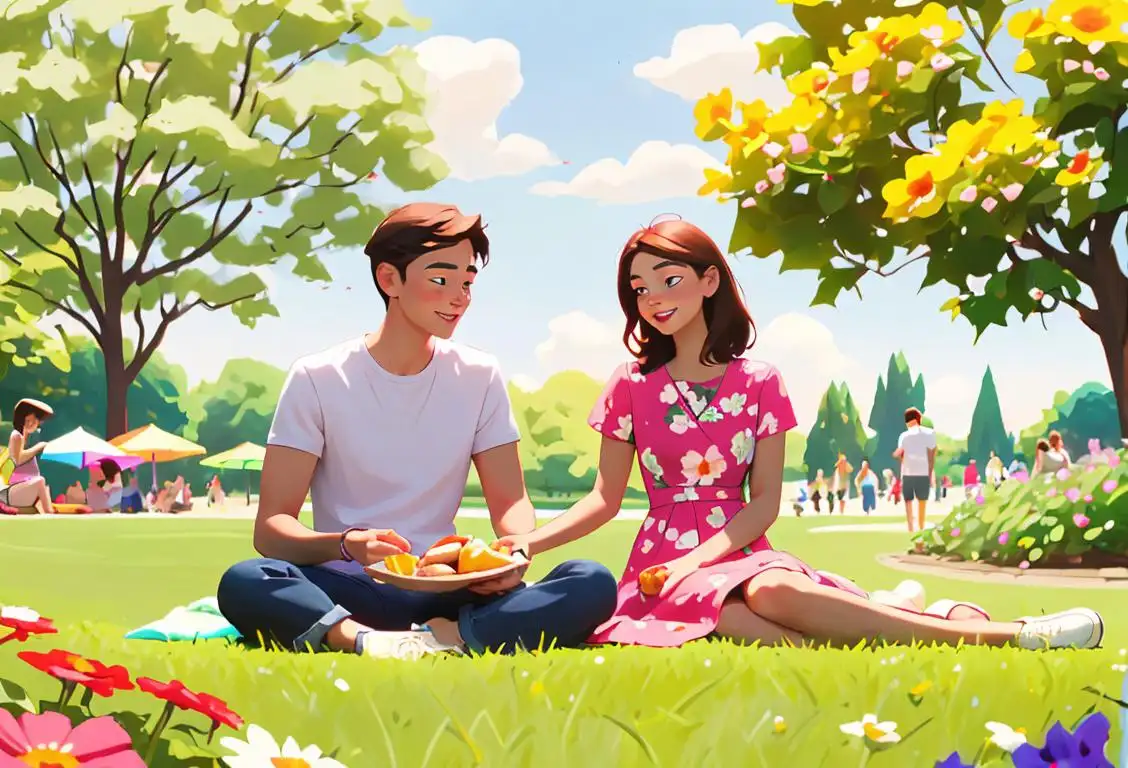 Young couple enjoying a picnic in a park, dressed in casual summer outfits, surrounded by vibrant flowers, celebrating National Side Bae Day..