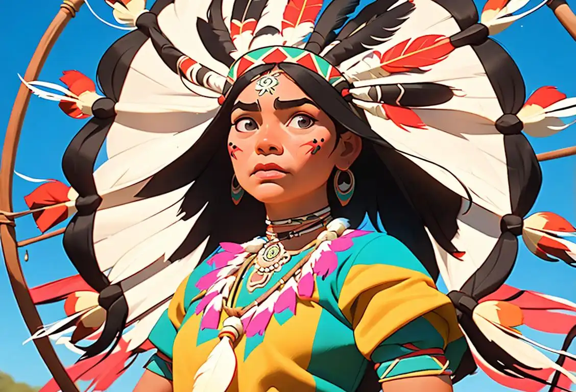 Young woman adorned in traditional Indigenous attire, standing in a vibrant powwow with dreamcatchers, feathers, and traditional dances happening in the background..