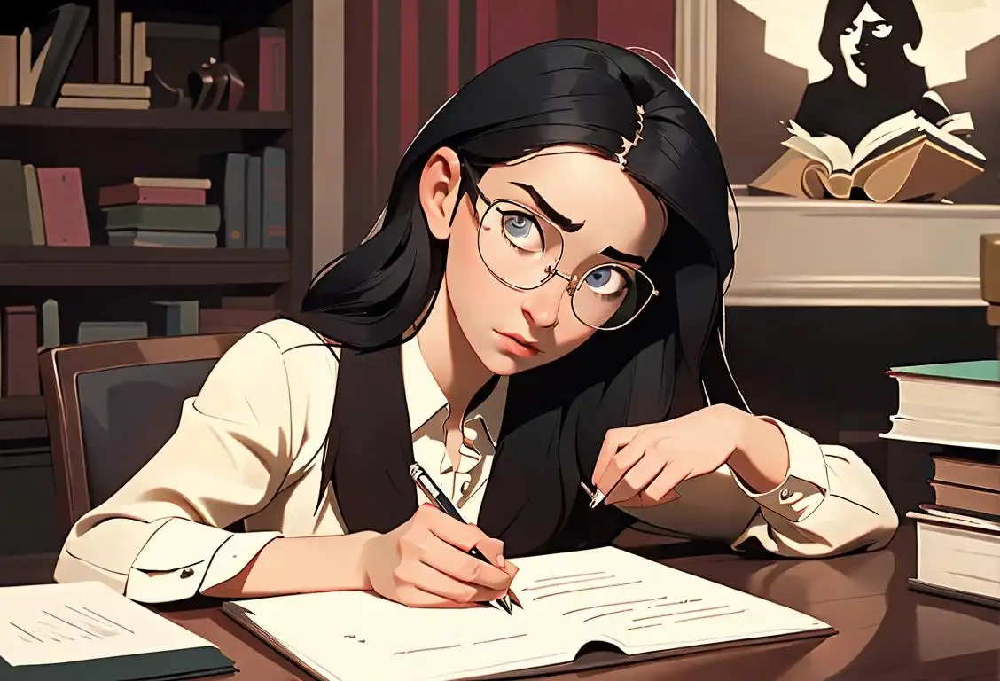 Young woman sitting at a desk, surrounded by books, wearing glasses and holding a pen, with a thoughtful expression..