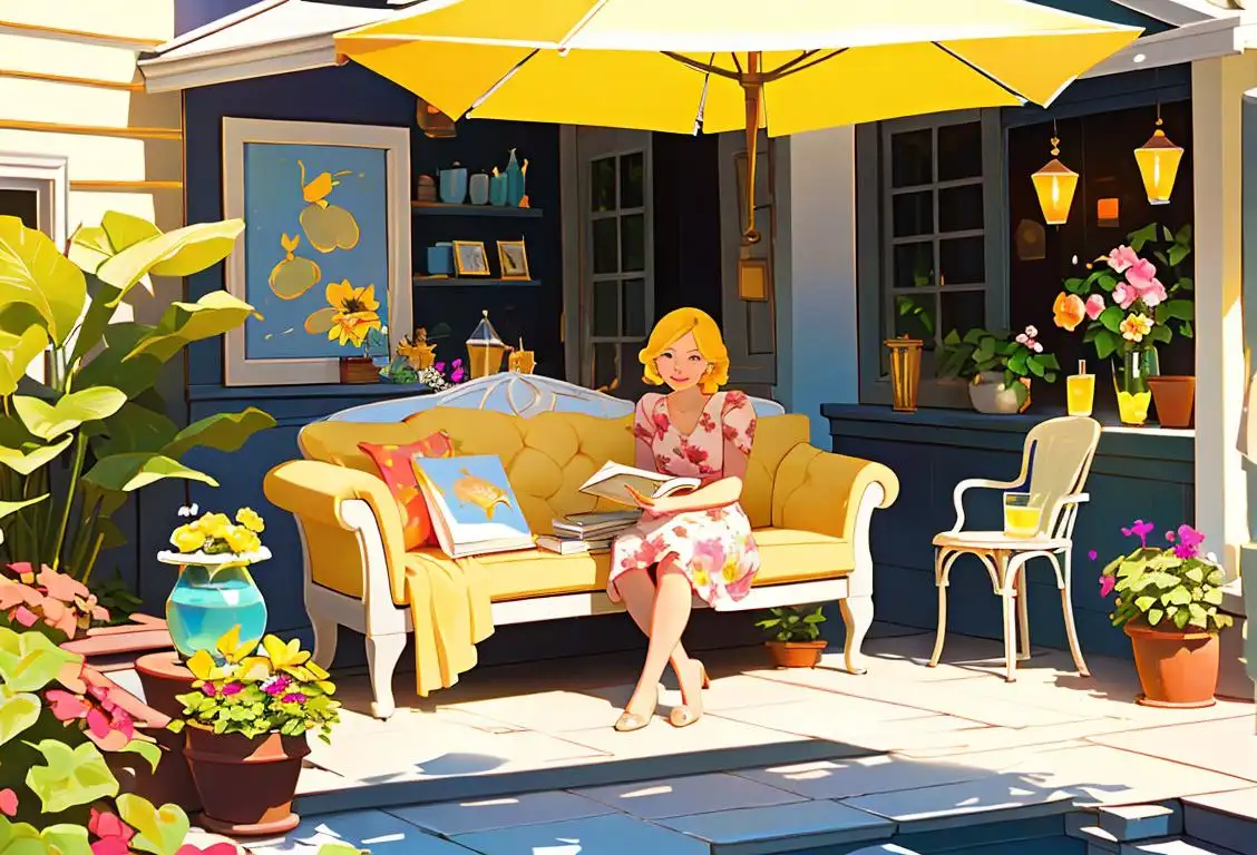 A cozy patio filled with vibrant plants, comfortable seating, and a glass of ice-cold lemonade. Sunny weather, floral dress, and a book in hand..